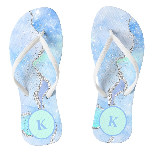 Blue Green Silver Glitter Marble Swirl Monogram Thongs (Footbed)