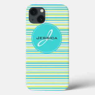Blue green simple elegant Stripes Monogram Name iPhone 13 Case