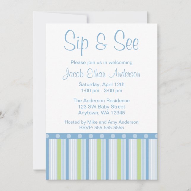 Blue Green Sip and See Stripes Invitation (Front)