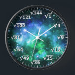 Blue Green Space Square Root Clock - Math Clock<br><div class="desc">square root clock, fun math wall clock, mathematics student classroom time, maths teacher class hours, number geek nerd humour, squareroot calculation school lesson, calculating calculations sums,  numbers, elementary primary secondary school, high school college university</div>