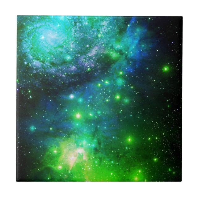 Blue Green Space Stars Galaxy Ceramic Tile (Front)