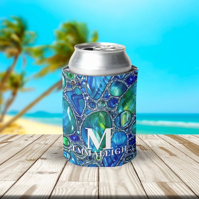 Blue Green Sparkling Glass Gems Monogrammed  Can Cooler (Creator Uploaded)