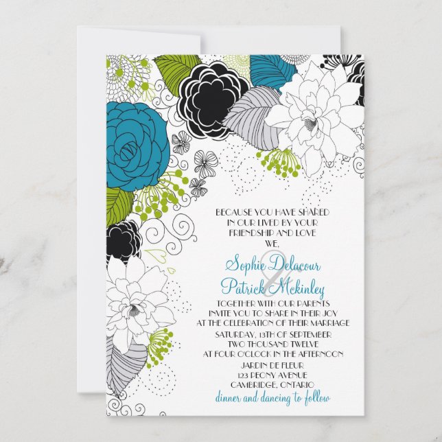 Blue & Green Spring Flowers Wedding Invitations (Front)