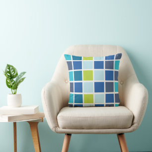 Blue Green Squares Chequered Cushion
