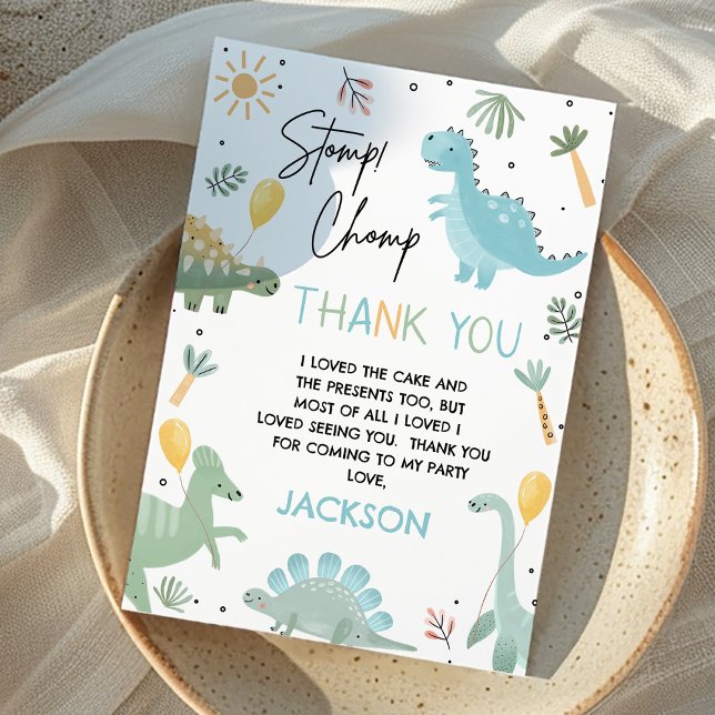 Blue Green Stomp Chomp Party Dinosaur 1st Birthday Thank You Card (Cute Dinosaur Birthday Party Thank You Card, Party Like Dinosaur Thank You Card, Dino Thank You Card)