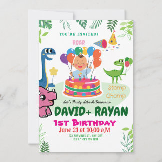 Blue Green Stomp Chomp Twins Dinosaur 1st Birthday Invitation