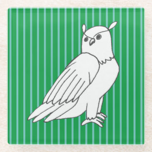 Blue Green Stripes Artistic Owl Glass Coaster