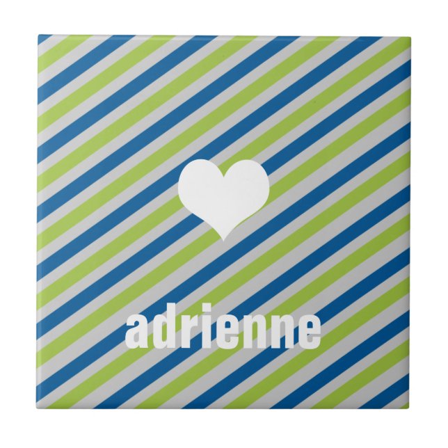 Blue green stripes heart modern display tile (Front)