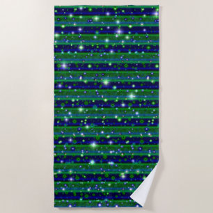 Blue Green Stripes with Stars and Raindrops Beach Towel