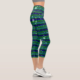 Blue Green Stripes with Stars and Raindrops Capri Leggings