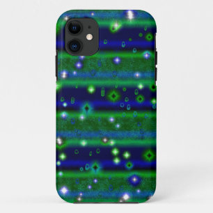 Blue Green Stripes with Stars and Raindrops iPhone 11 Case