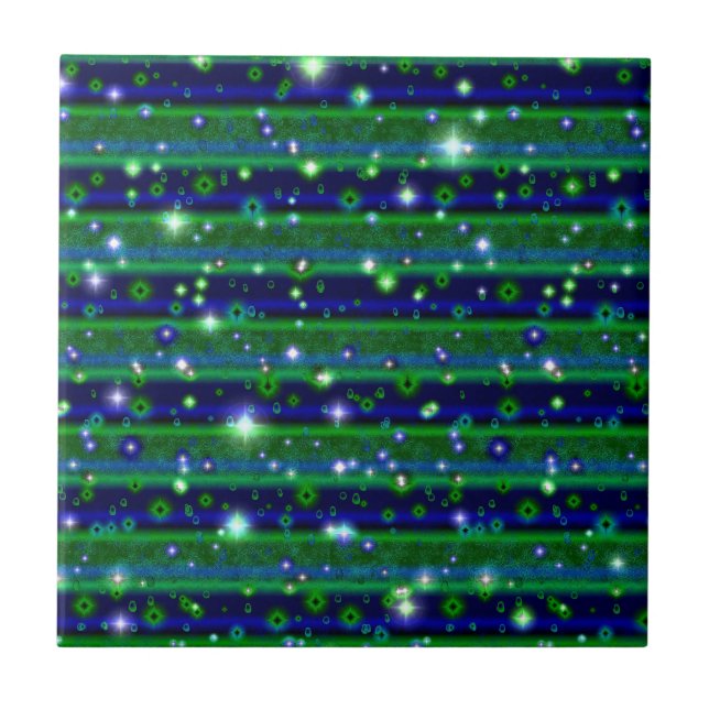 Blue Green Stripes with Stars and Raindrops Ceramic Tile (Front)