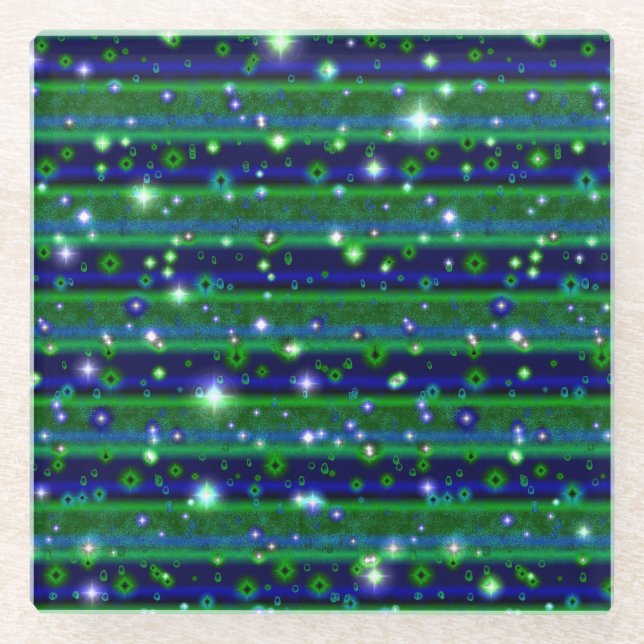 Blue Green Stripes with Stars and Raindrops Glass Coaster (Front)