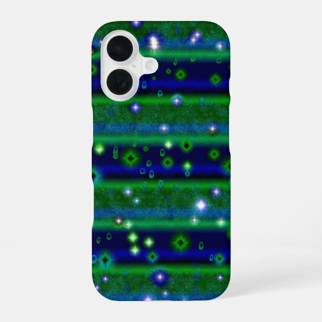 Blue Green Stripes with Stars and Raindrops iPhone 16 Case (Back)