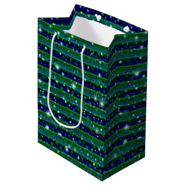 Blue Green Stripes with Stars and Raindrops Medium Gift Bag (Front Angled)