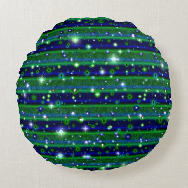 Blue Green Stripes with Stars and Raindrops Round Cushion (Front)