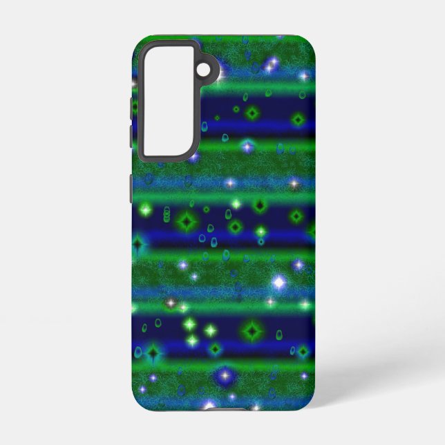 Blue Green Stripes with Stars and Raindrops Samsung Galaxy S21 Case (Back)