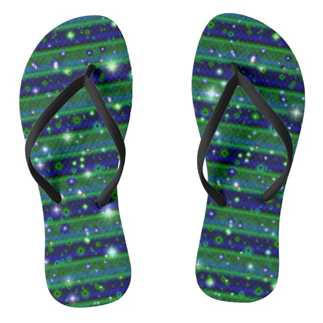 Blue Green Stripes with Stars and Raindrops Thongs (Footbed)