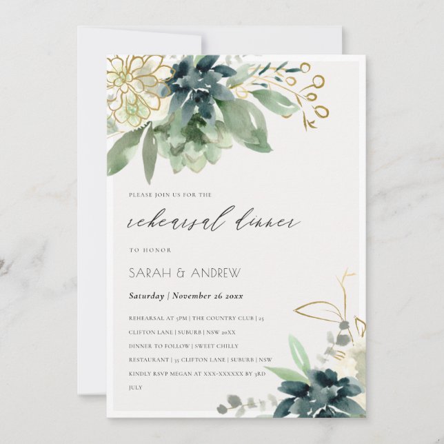 Blue Green Succulent Fauna Rehearsal Dinner Invite (Front)