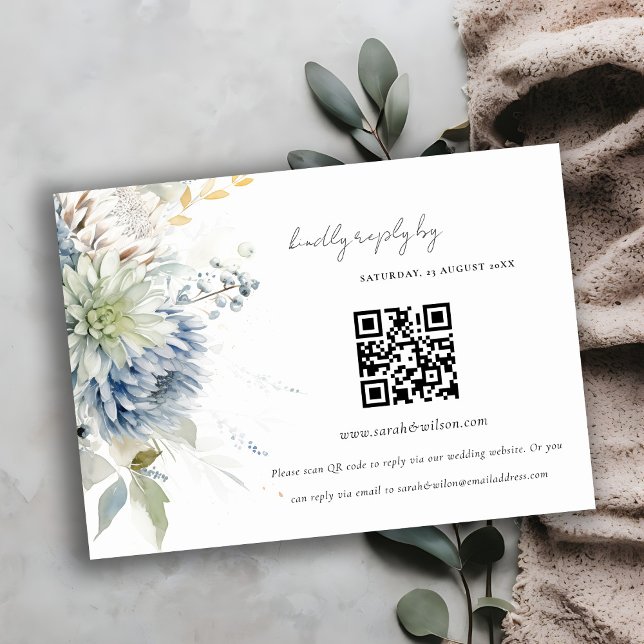 Blue Green Succulent Floral Wedding QR Code RSVP Enclosure Card (Creator Uploaded)