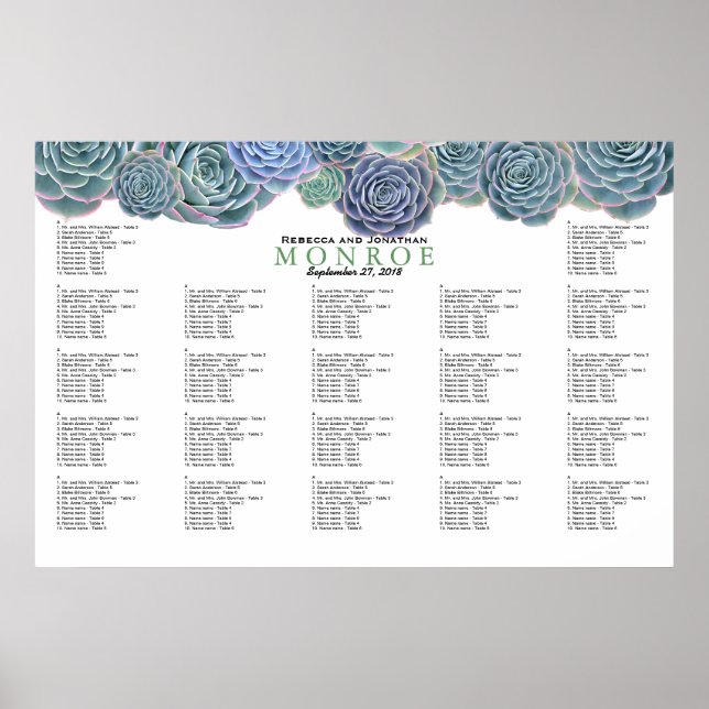 Blue Green Succulents Seating Chart Template (Front)