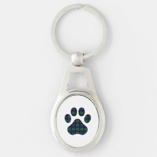 Blue Green Tartan Plaid Dog Paw Print Keychain