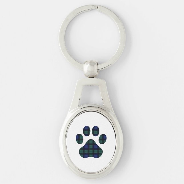 Blue Green Tartan Plaid Dog Paw Print Keychain (Front)