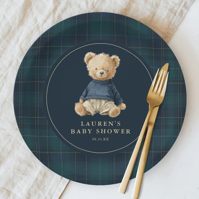 Blue Green Tartan Polo Bear Baby Shower Paper Plate (Creator Uploaded)
