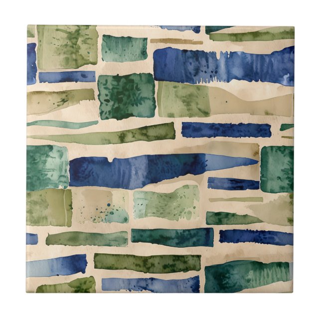 Blue, Green, Taupe Faux Masonry Ceramic Tile (Front)