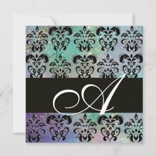 BLUE GREEN TEAL BLACK  DAMASK MONOGRAM , white Invitation
