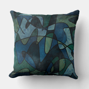 Blue Green Teal Digital Stained Glass Abstract Art Cushion