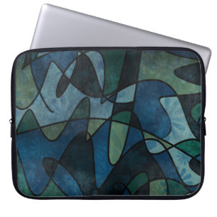 Blue Green Teal Digital Stained Glass Abstract Art Laptop Sleeve