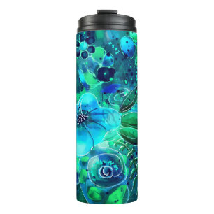 Blue Green Teal Floral Abstract Flower Flowers Thermal Tumbler