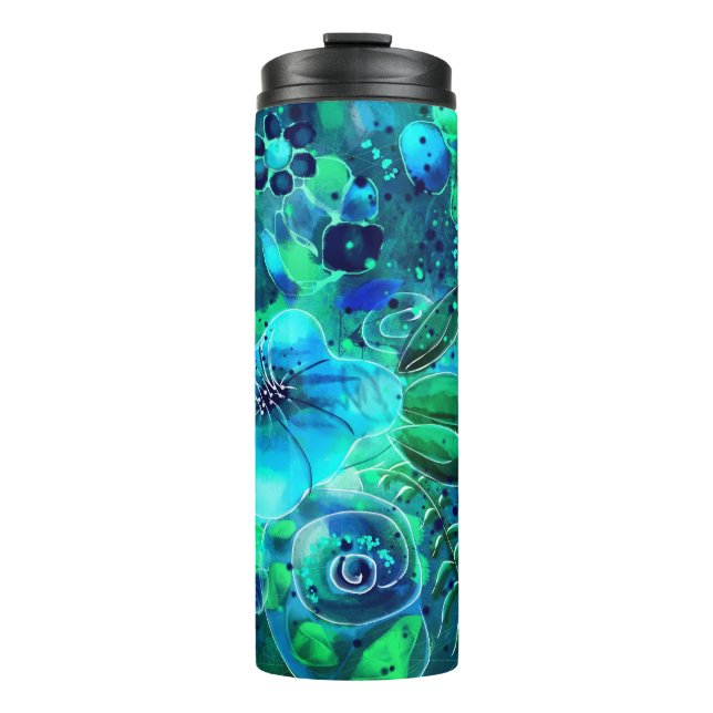 Blue Green Teal Floral Abstract Flower Flowers Thermal Tumbler (Front)