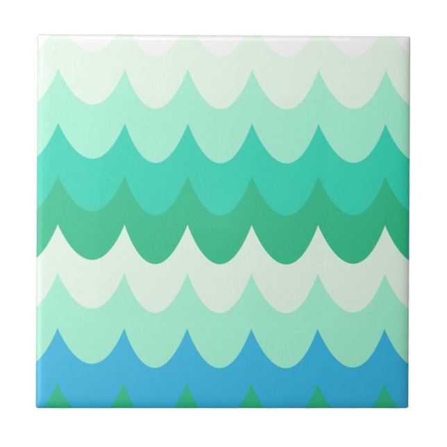 Blue, Green & Teal Geometric Sea Waves  Ceramic Tile (Front)