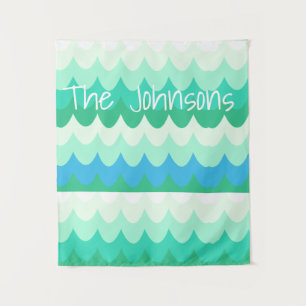 Blue, Green & Teal Geometric Sea Waves Tapestry