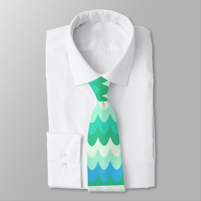 Blue, Green & Teal Geometric Sea Waves  Tie (Tied)