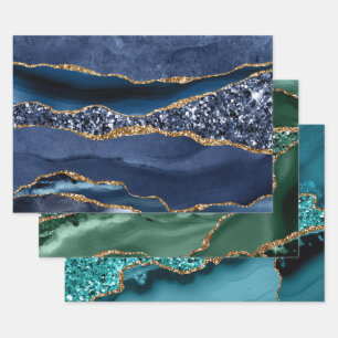 Blue Green Teal Gold Glitter Agate Trendy  Wrapping Paper Sheet