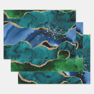Blue, Green & Teal & Gold Glitter Peacock Agate Wrapping Paper Sheet