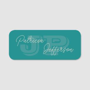 Blue Green Teal Monogram & Handwritten Calligraphy Name Tag