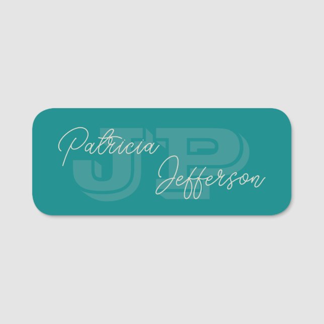 Blue Green Teal Monogram & Handwritten Calligraphy Name Tag (Front)