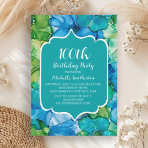 Blue Green Teal Watercolor 100th Birthday Invitation