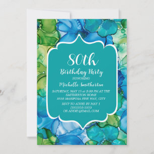 Blue Green Teal Watercolor 80th Birthday Invitation