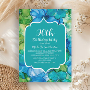 Blue Green Teal Watercolor 90th Birthday Invitation