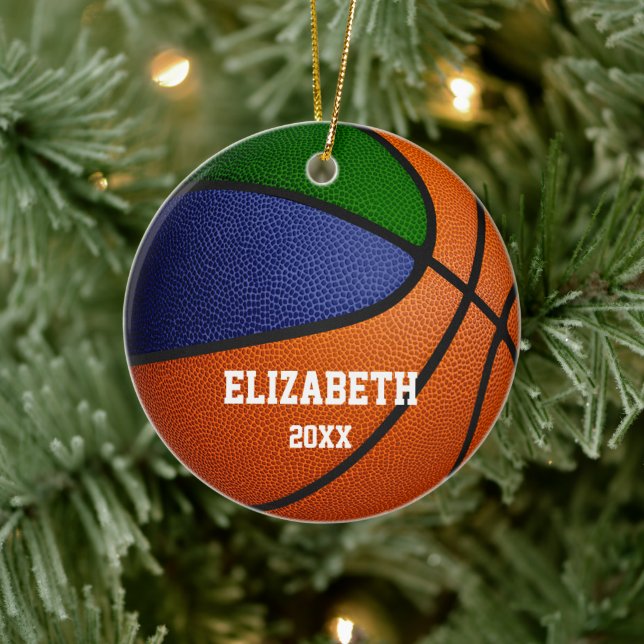 blue green team colours girls boys basketball ceramic ornament (Tree)