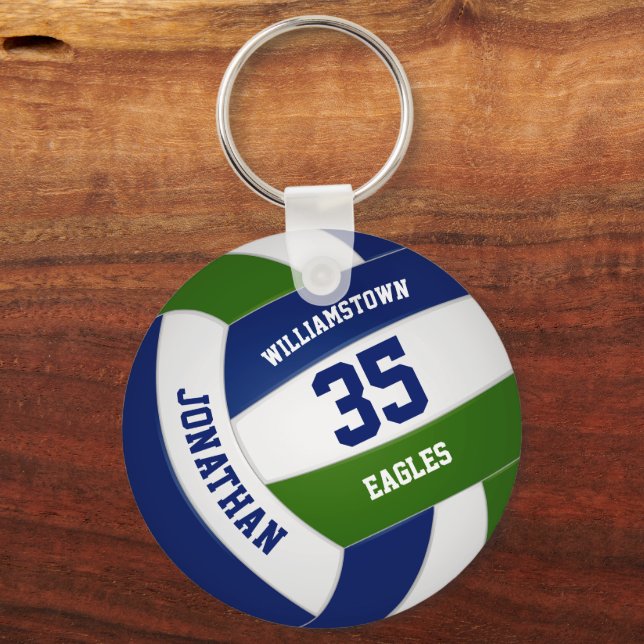 Blue green team colours kids teens volleyball key ring (Front)