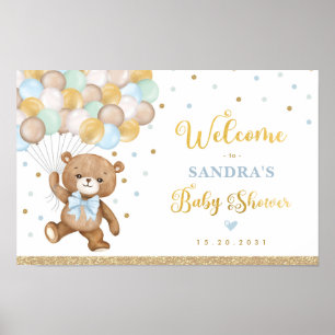 Blue Green Teddy Bear Balloon Welcome Baby Boy Poster