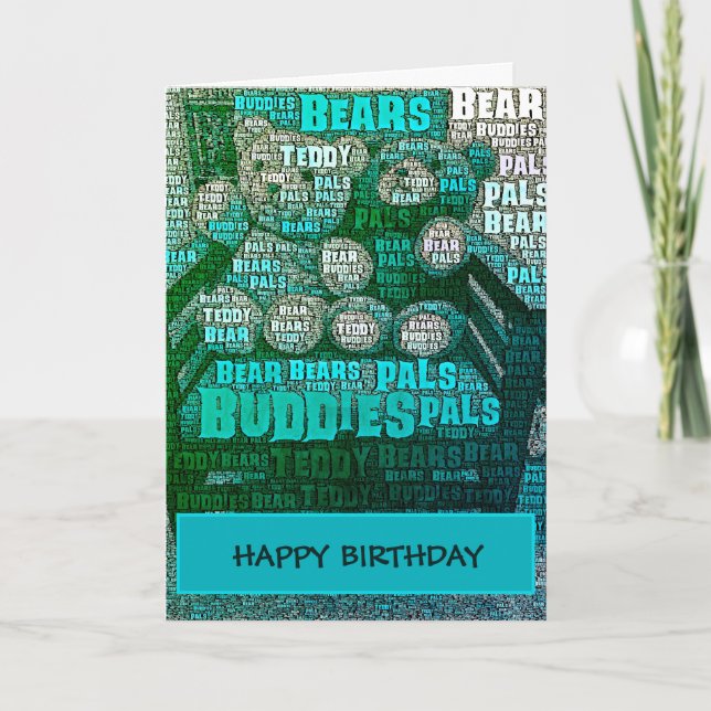 Blue & Green Teddy Bear Embedded Word Cloud Card (Front)