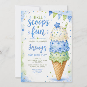 Blue & Green Three Scoops Of Fun 3rd Birthday Invitation