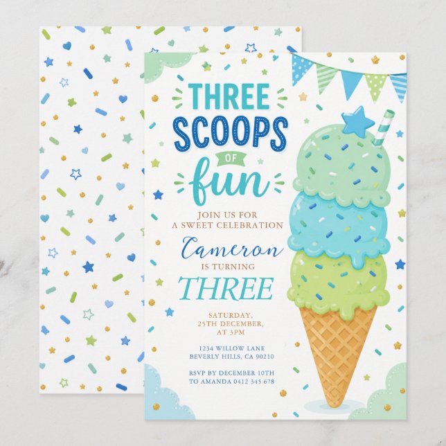 Blue Green Three Scoops of Fun Birthday Invitation (Front/Back)